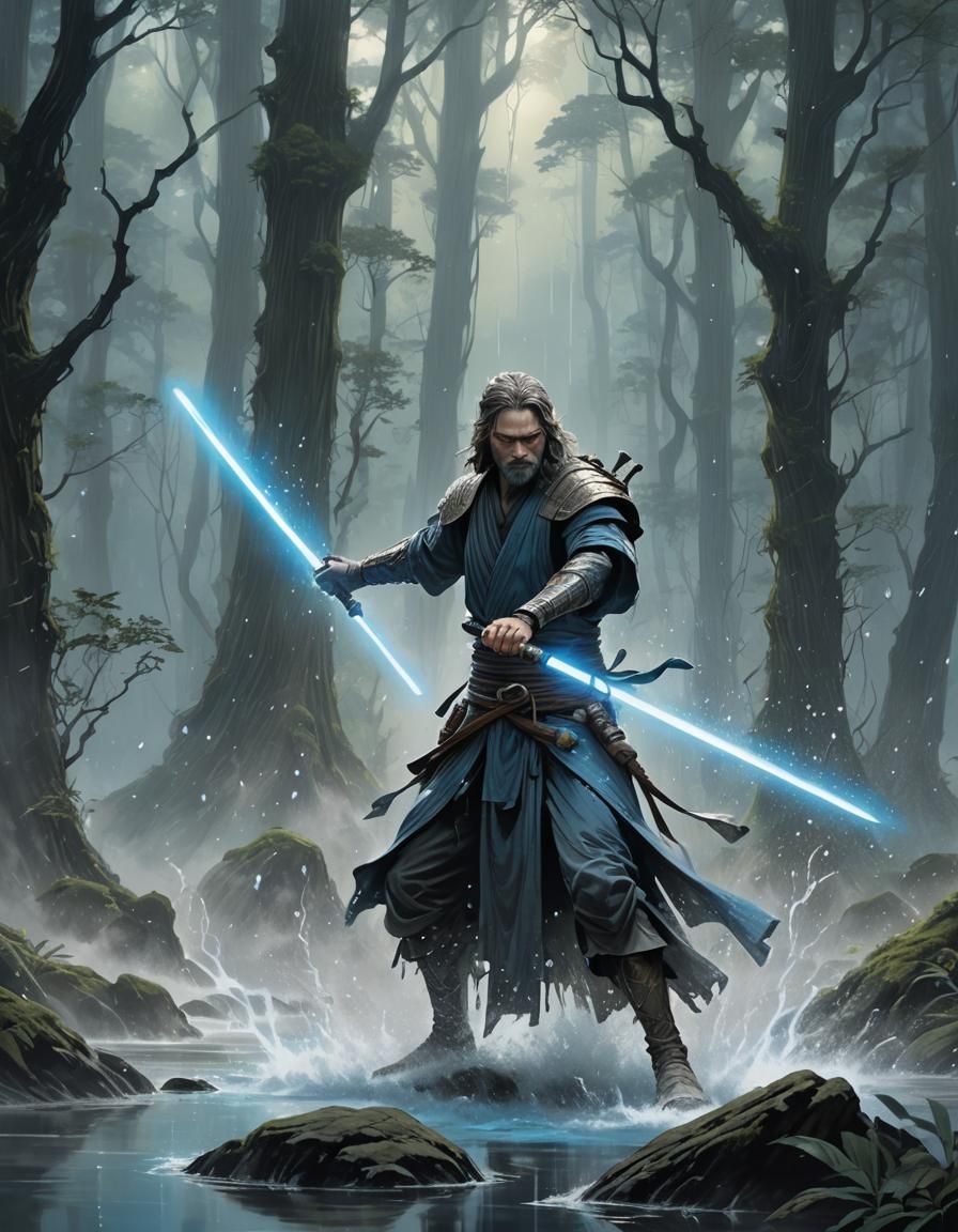 Jedi Warrior with Water Sword in Misty Forest