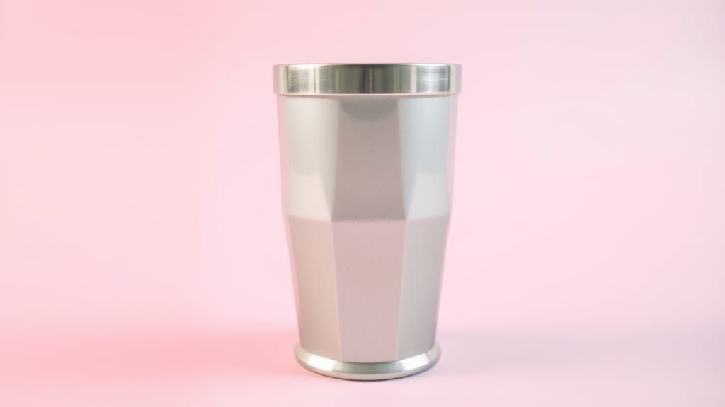 A Silver coloured Cup with a Pink background