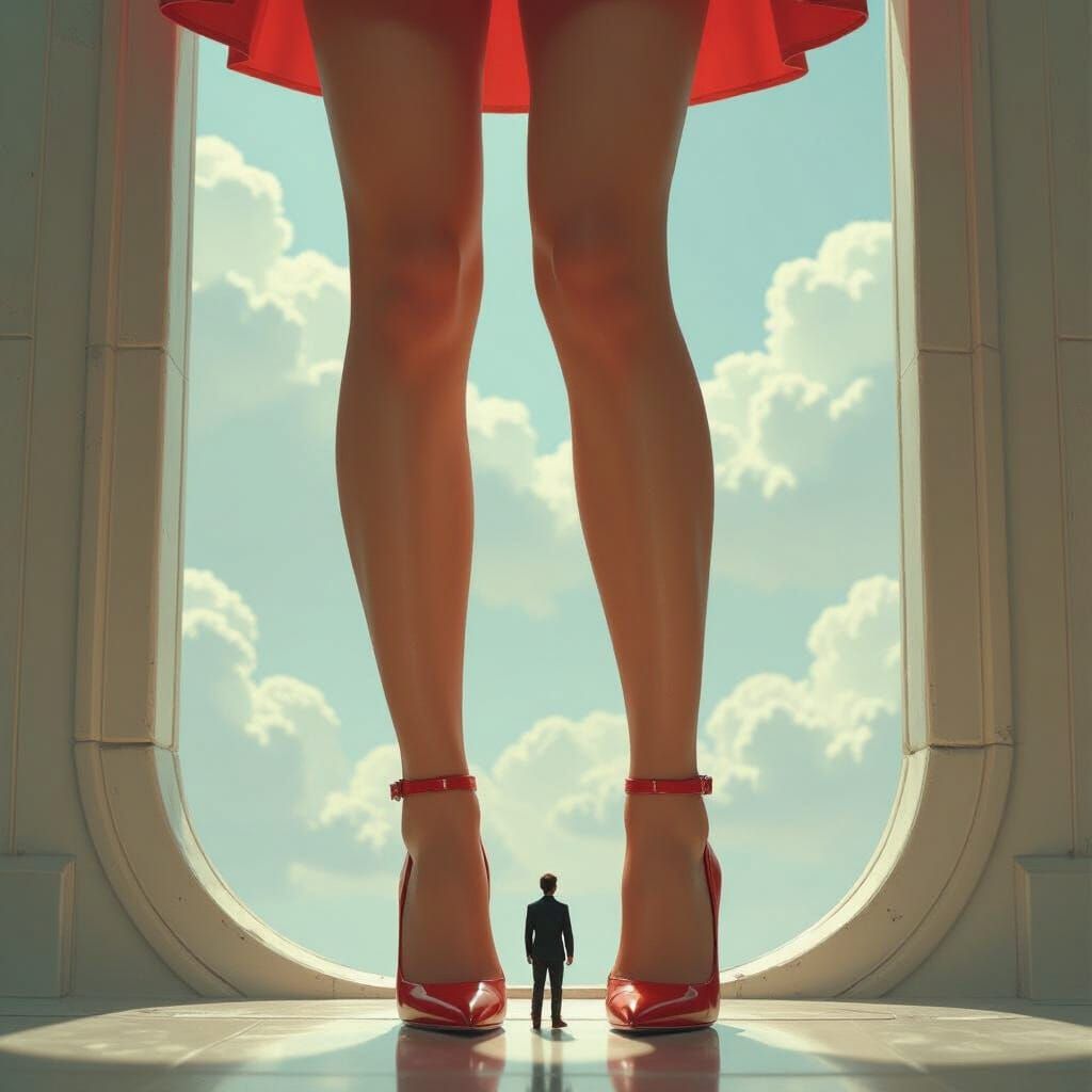 Giantess in Nylons Poised Above Tiny Man
