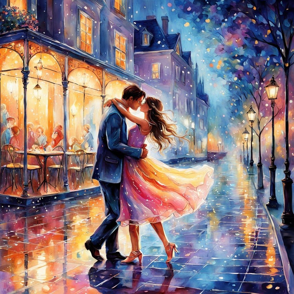 Whimsical Romantic Watercolour Couples Dancing Under Starry ...