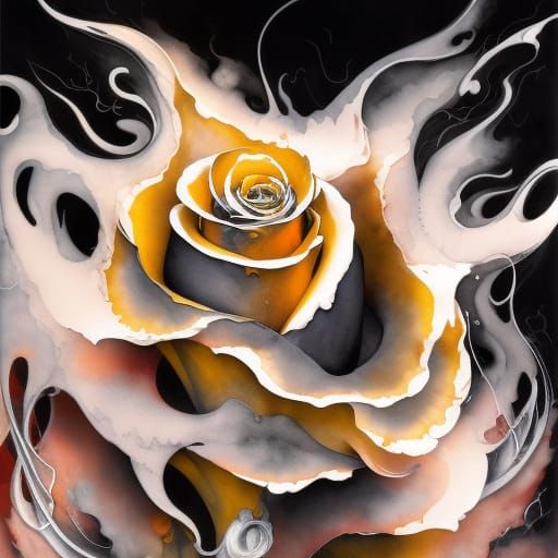 Flaming black rose: Black ink flow: 8k resolution photorealistic masterpiece: by Aaron Horkey and Jeremy Mann: intricate...