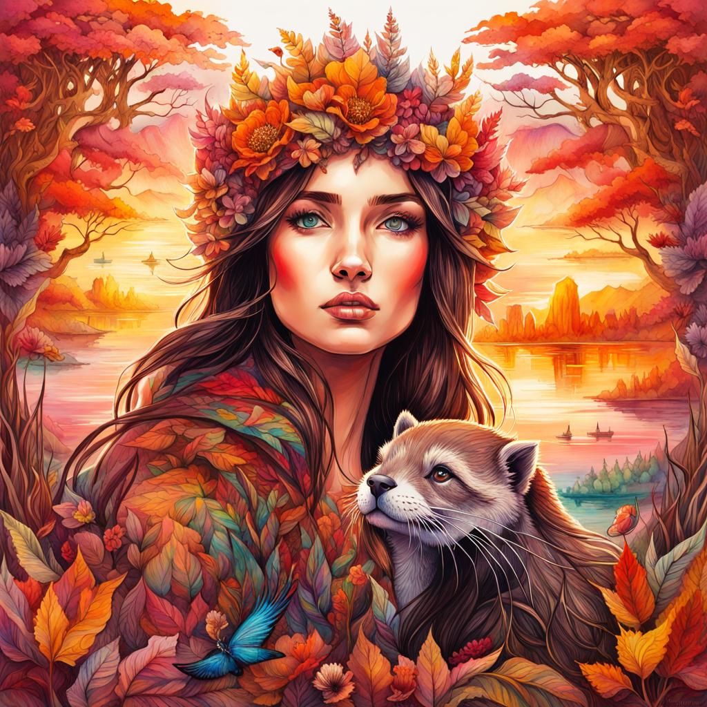 Romantic Otters in Autumn Sunset Illustration