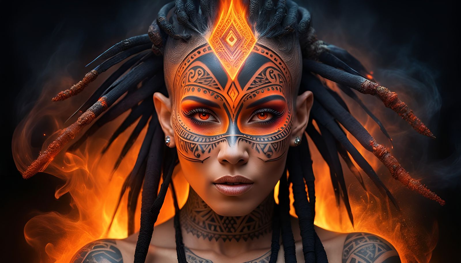Fire-Eyed Amazonian Queen with Tribal Tattoos