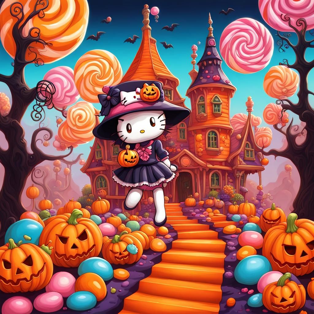 Halloween Trick Or Treat , Extreme Epic Exquisite Hello Kitty Halloween Goth Magical girl, Candy art style! Whimsical p...