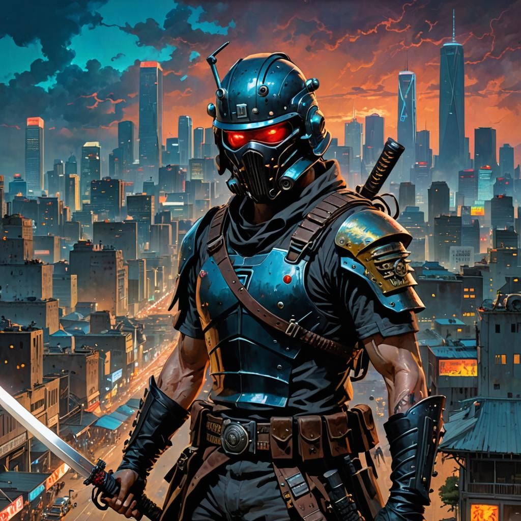 Samurai with Electric Katana in Cyberpunk Tokyo