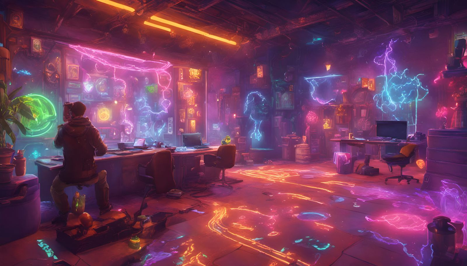 "Fortnite, Cyberpunk, Magic, Neon, Kinetic Pointillism Style, Holographic, Flickering Light, Spells, Incantations, Spark...