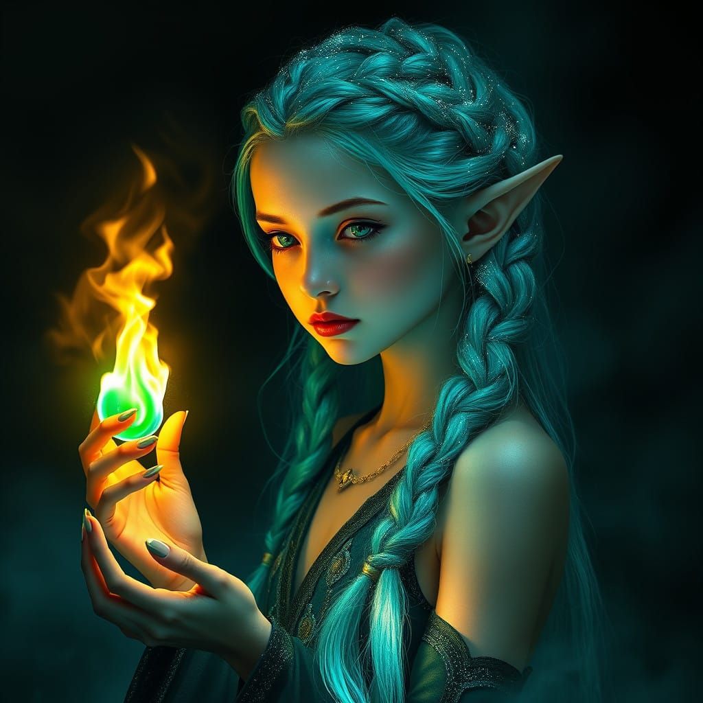 Ethereal Elf Woman with Glowing Flames in Mystical Atmospher...