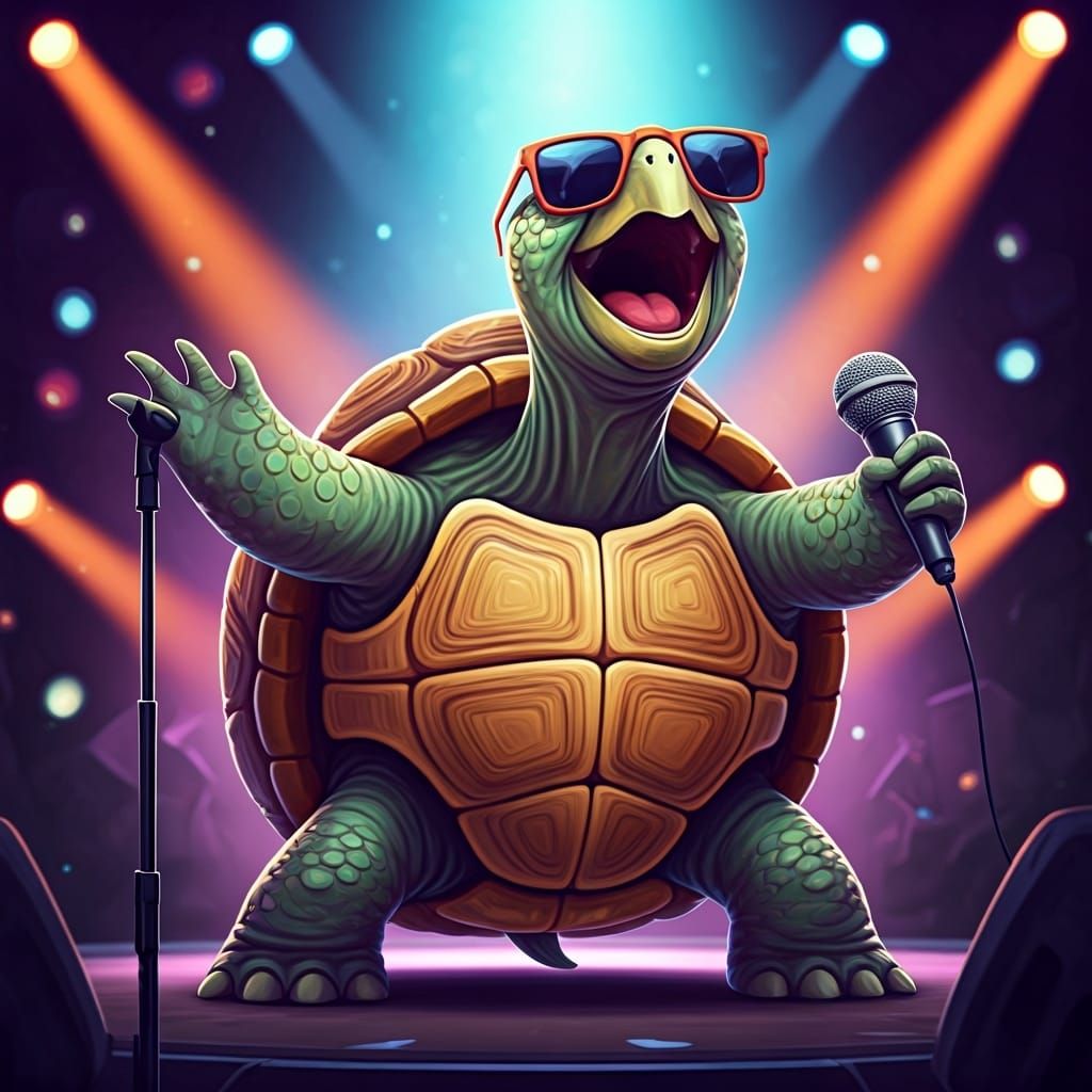 Turtle Singer on Concert Stage, Whimsical Art
