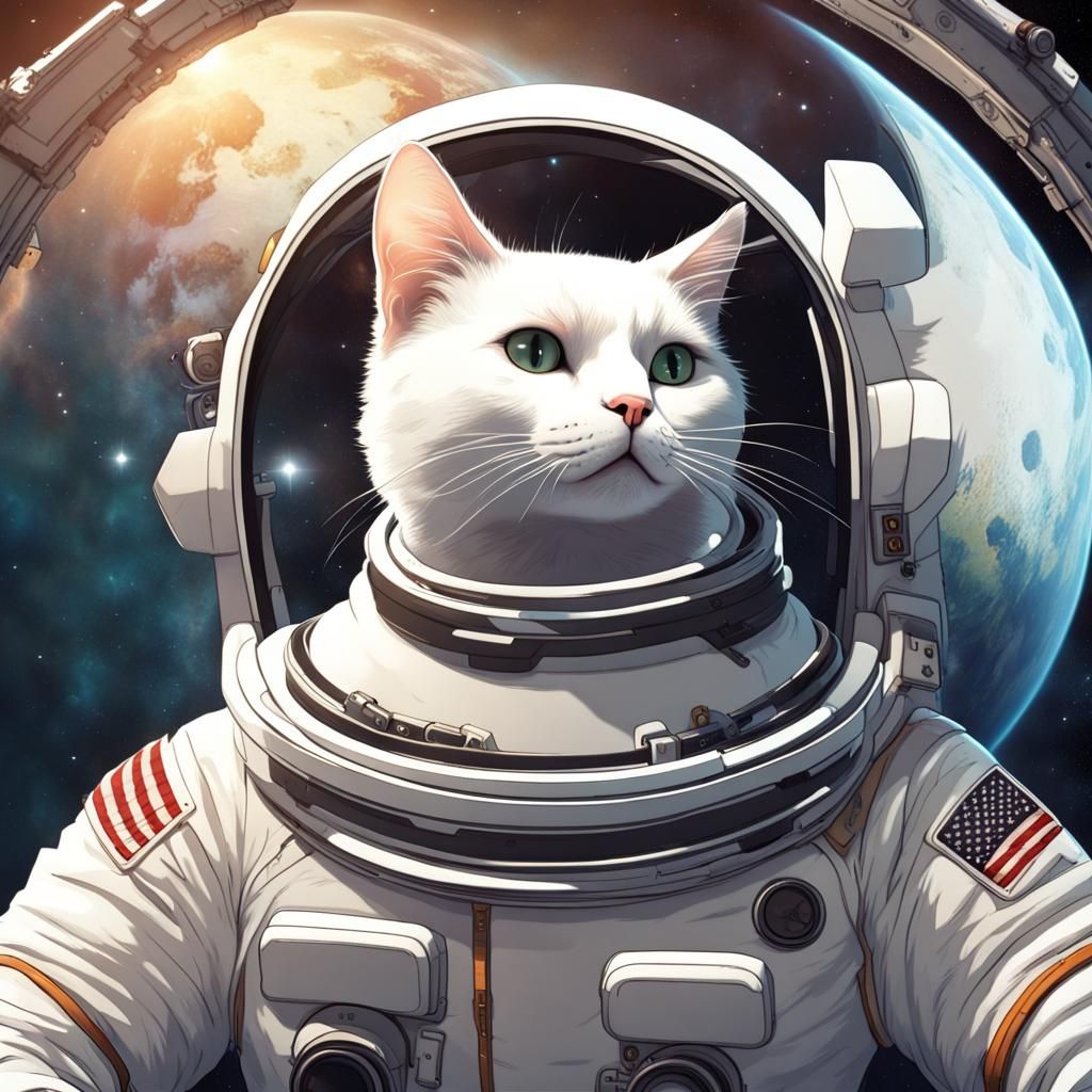 Smug Cat in Spacesuit on Aging Spaceship