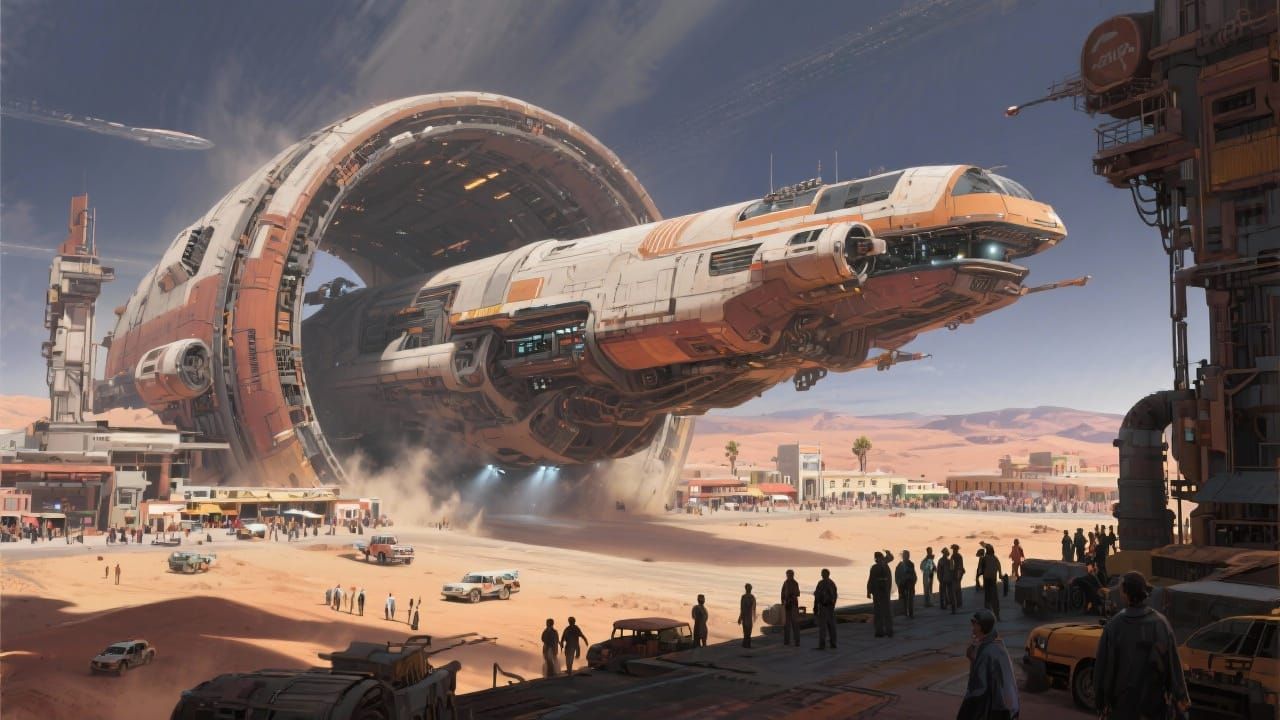 Gigantic Retro Spaceships at Desert Planet Spaceport