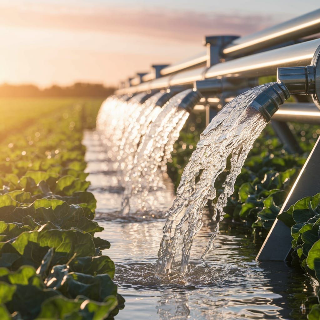 Vibrant Water Cascades in a Lush Agricultural Field