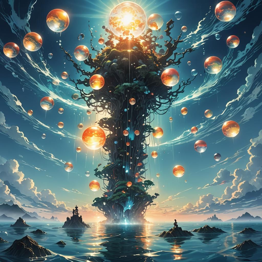 Giant Emerges from Ocean with Glowing Worlds