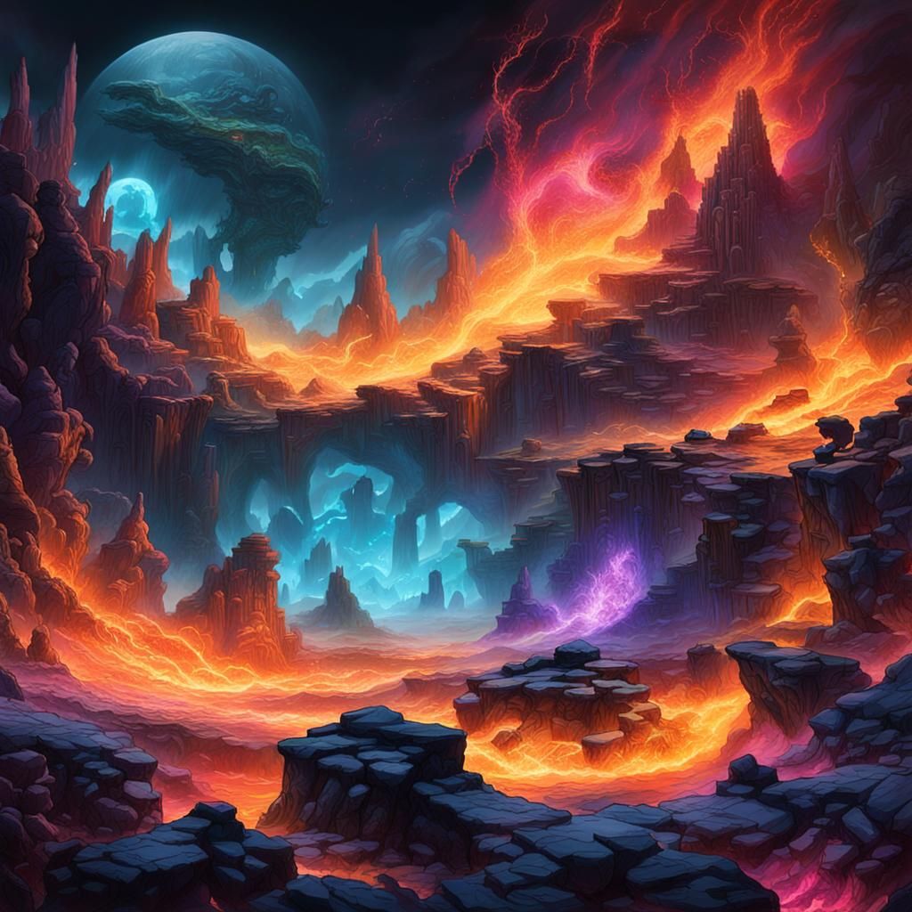 Surreal Fantasy Landscape with Neon Mists and Flow
