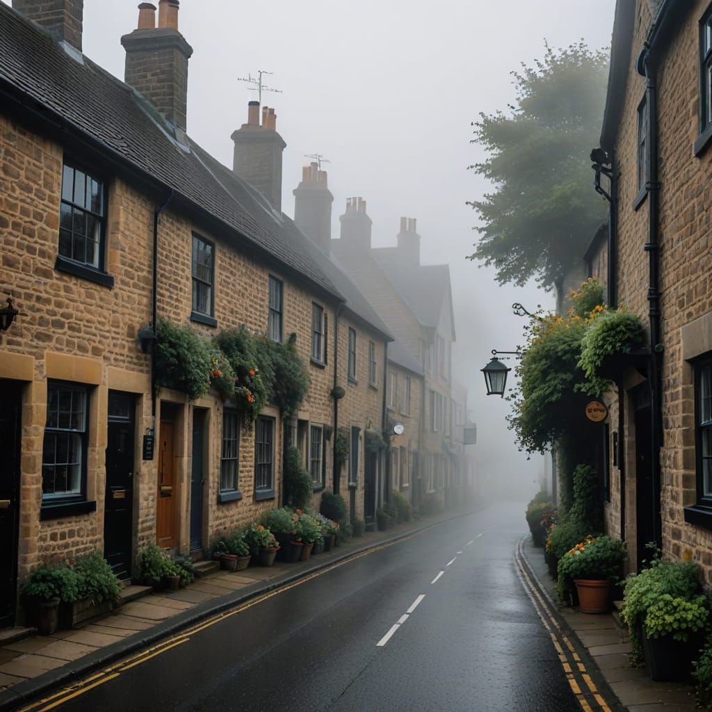 Misty Fog in Old English Village