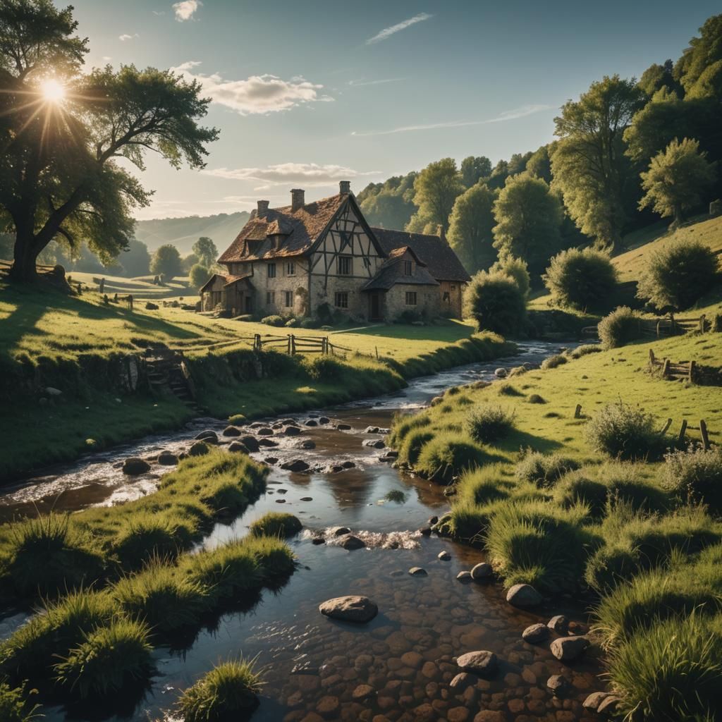 Medieval Farmhouse in Mystical Landscape: Cinematic Film Sti...