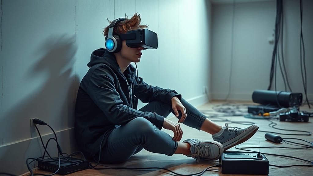 Cyberpunk Teen Surrounded by Retro-Futuristic Electronics