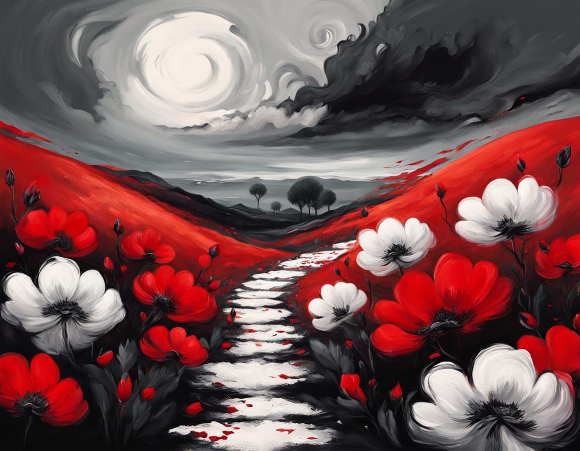 Vibrant Surreal Landscape with Red House and Striped Hills