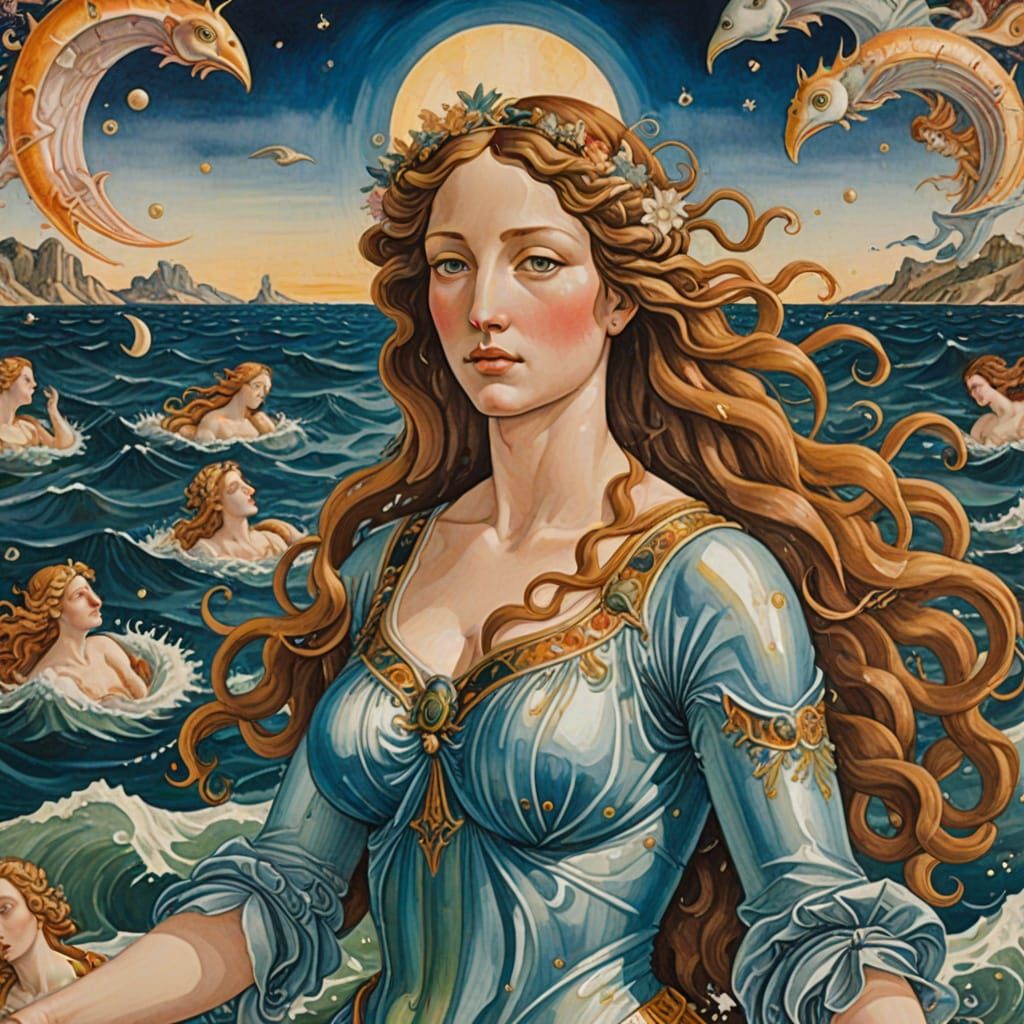 Cyborg Goddess Rises from the Shimmering Sea in Dreamlike Re...