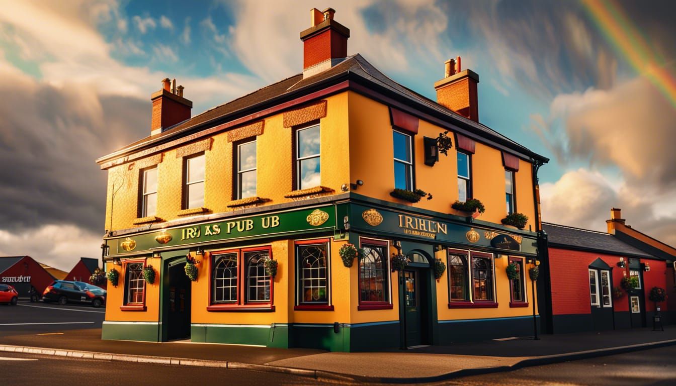 Hyperrealistic Irish Pub Facade in Golden Hour Light