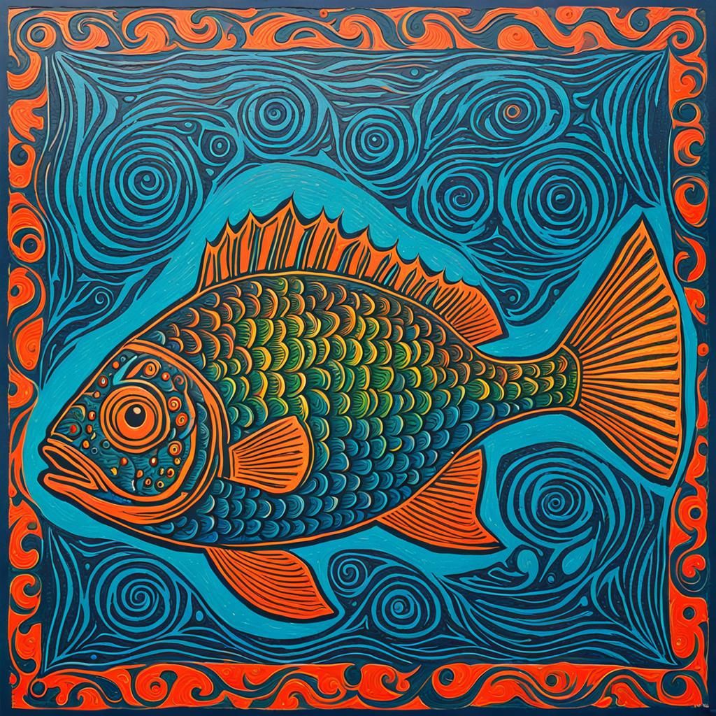 Colorful Linoleum Block Print of a Fish