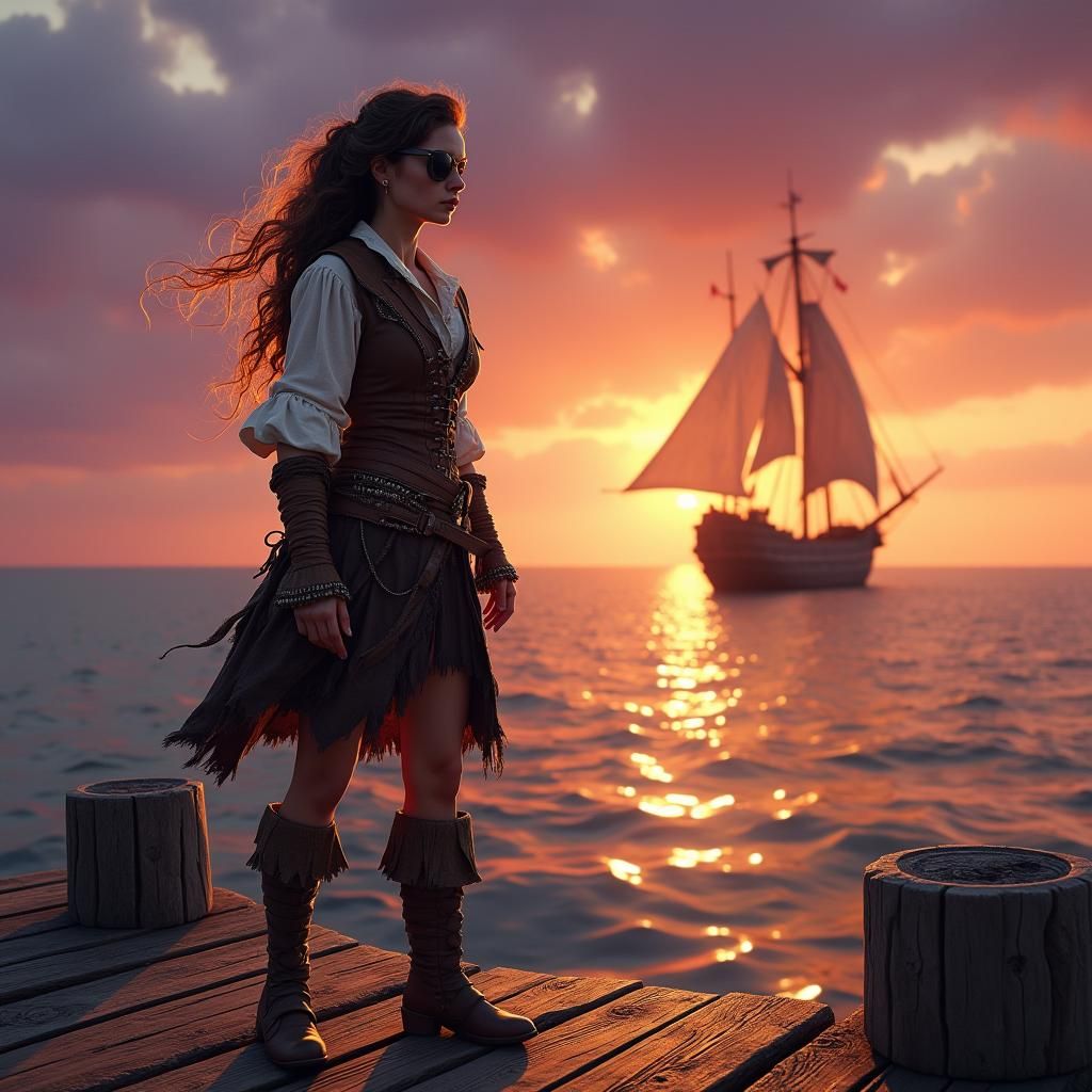 Pirate Linda Landlubber on the Pier at Sunset
