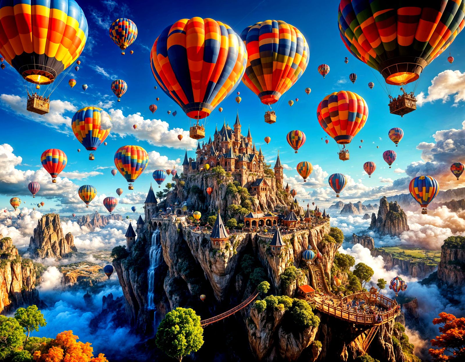 Majestic Floating Island Theme Park with Hot Air Balloons