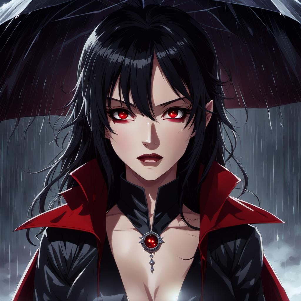 Anime Vampire Woman in Rainy Forest