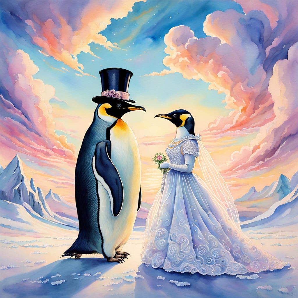 Regal Emperor Penguins in Dreamy Watercolor Wedding Scene