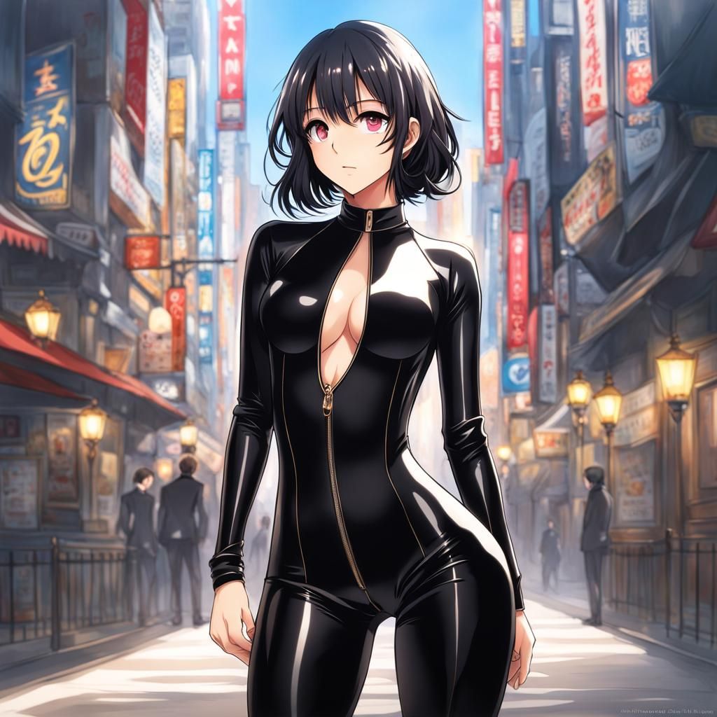 Girl in Black Bodysuit: Anime-Inspired Full Body Shot