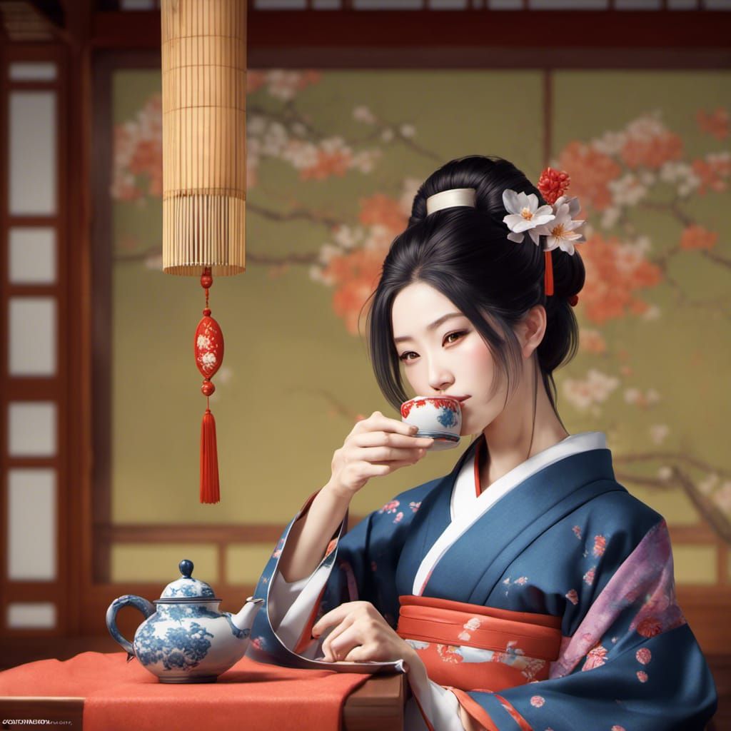 Japanese Woman in Traditional Dress Drinking Tea