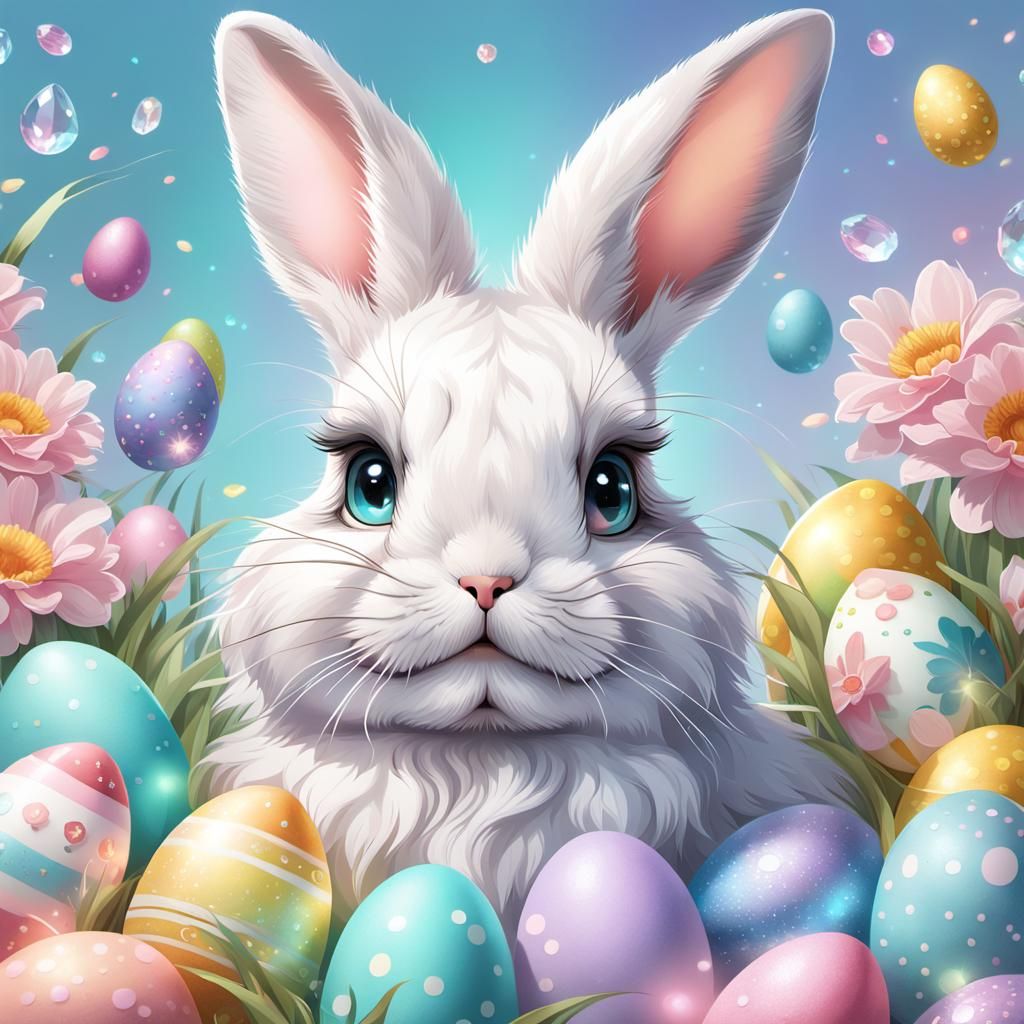 Fluffy Easter Rabbit with Pastel Eggs