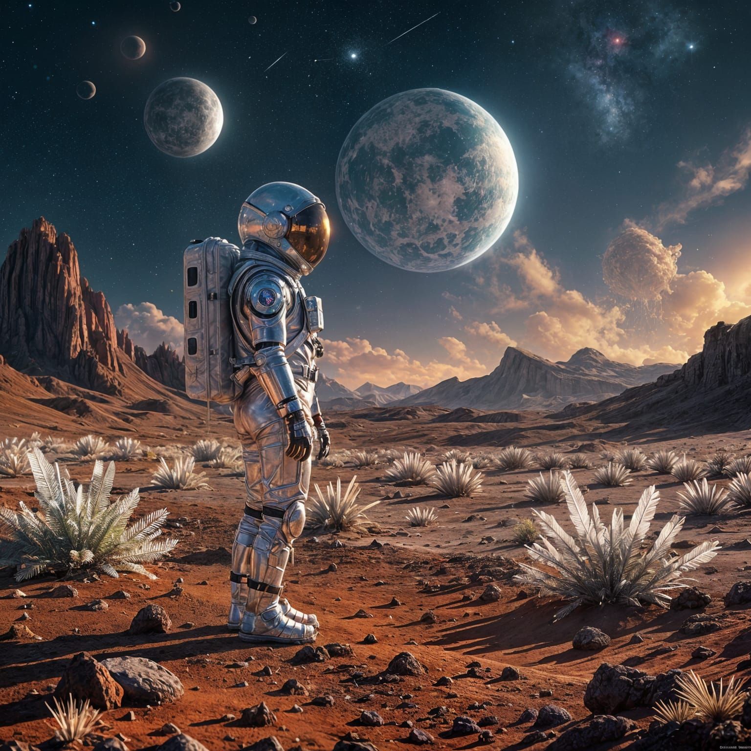 Astronaut on Alien Planet with Crystalline Flora