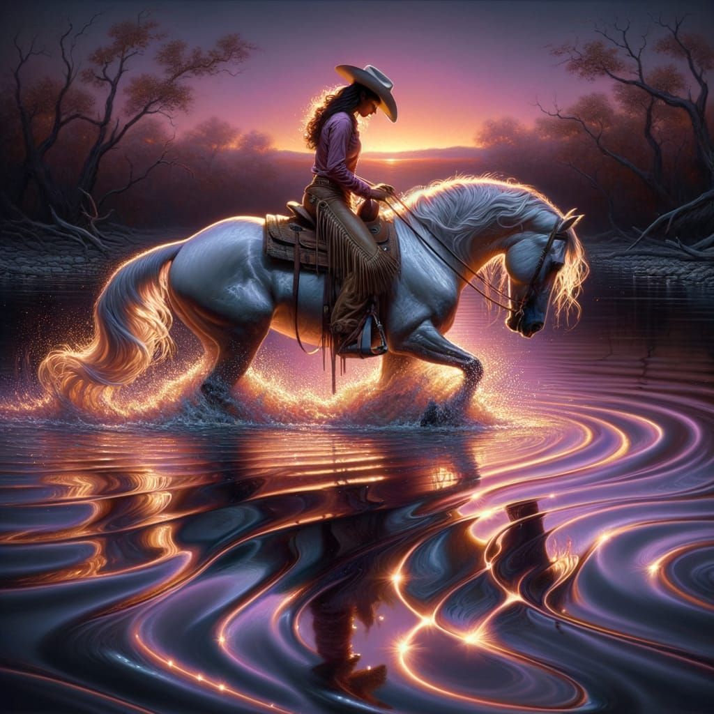 Hispanic Cowboy Rides Horse Through Stream at Dusk