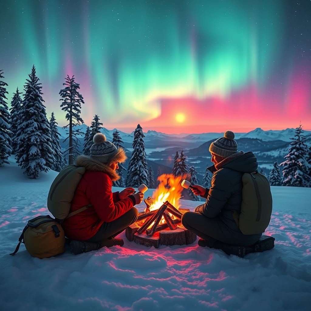 Mountain Firelit Gathering Under the Aurora Borealis