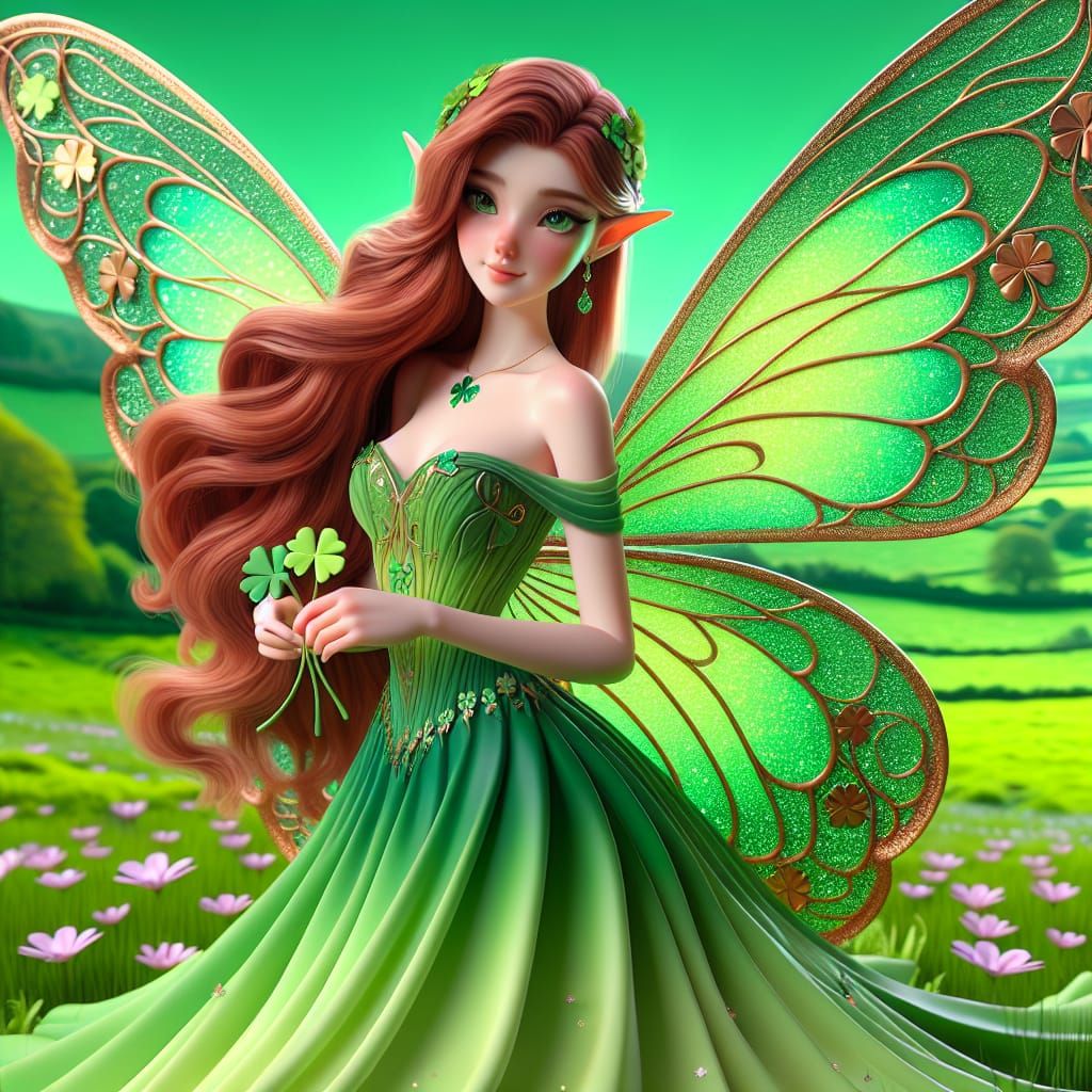 Disney Pixar style 3D stunningly beautiful Irish Fairy Princess, wearing four leaf clovers on a long flowing dress, long...