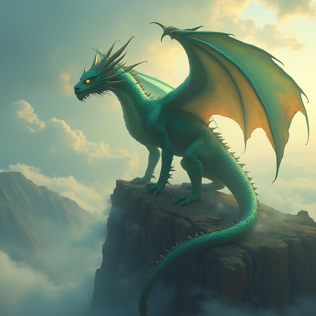 Majestic Dragon on Misty Mountain Peak at Dawn