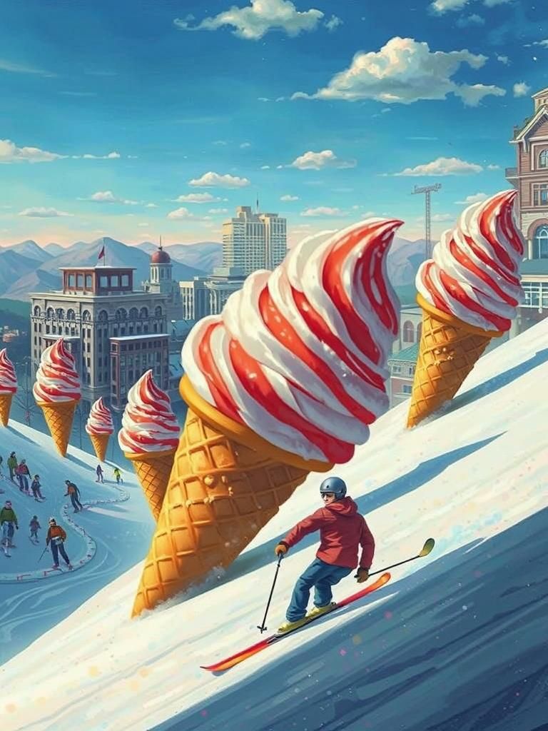 Whimsical Ski Resort with Giant Ice Cream Cones