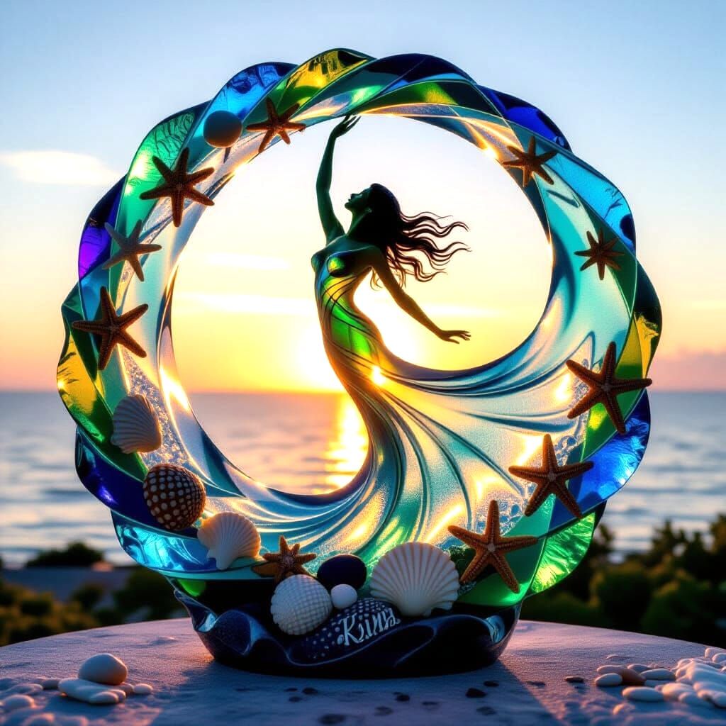 Sea Glass Sculpture Spiraling Skyward as Ocean Wave