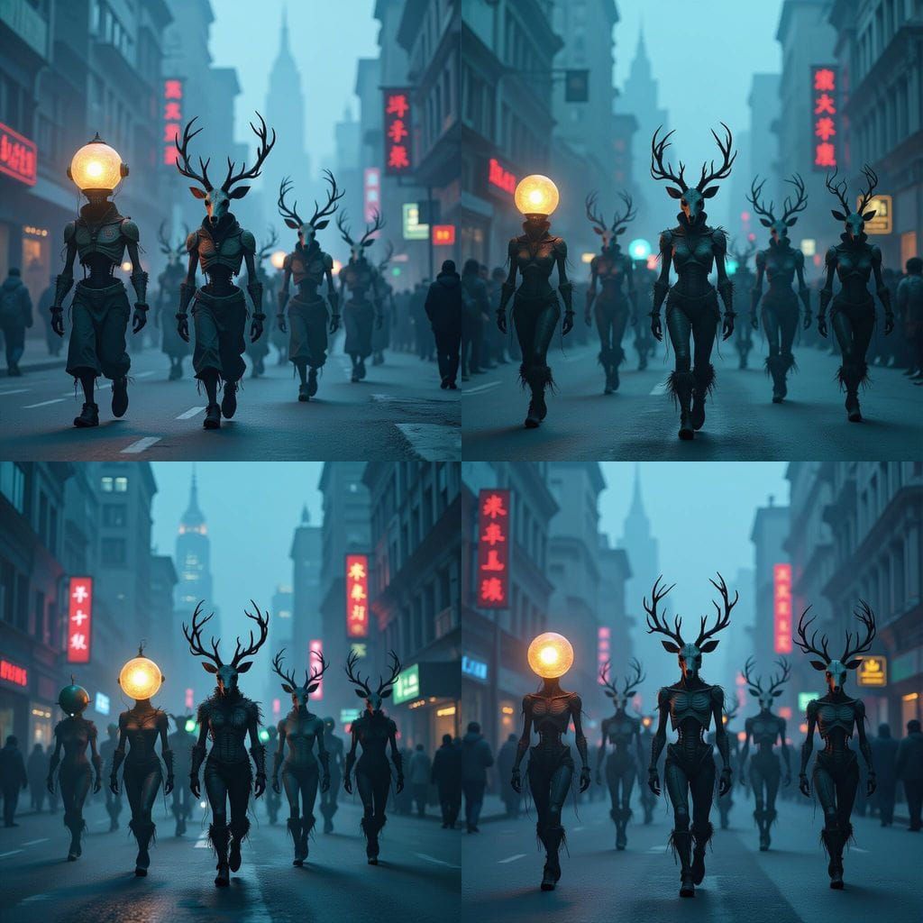 Grotesque Creatures Parade Through Fog-Laden Cityscape