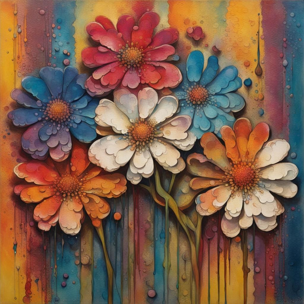 Vibrant Abstract Flowers with Distressed Circular Patterns