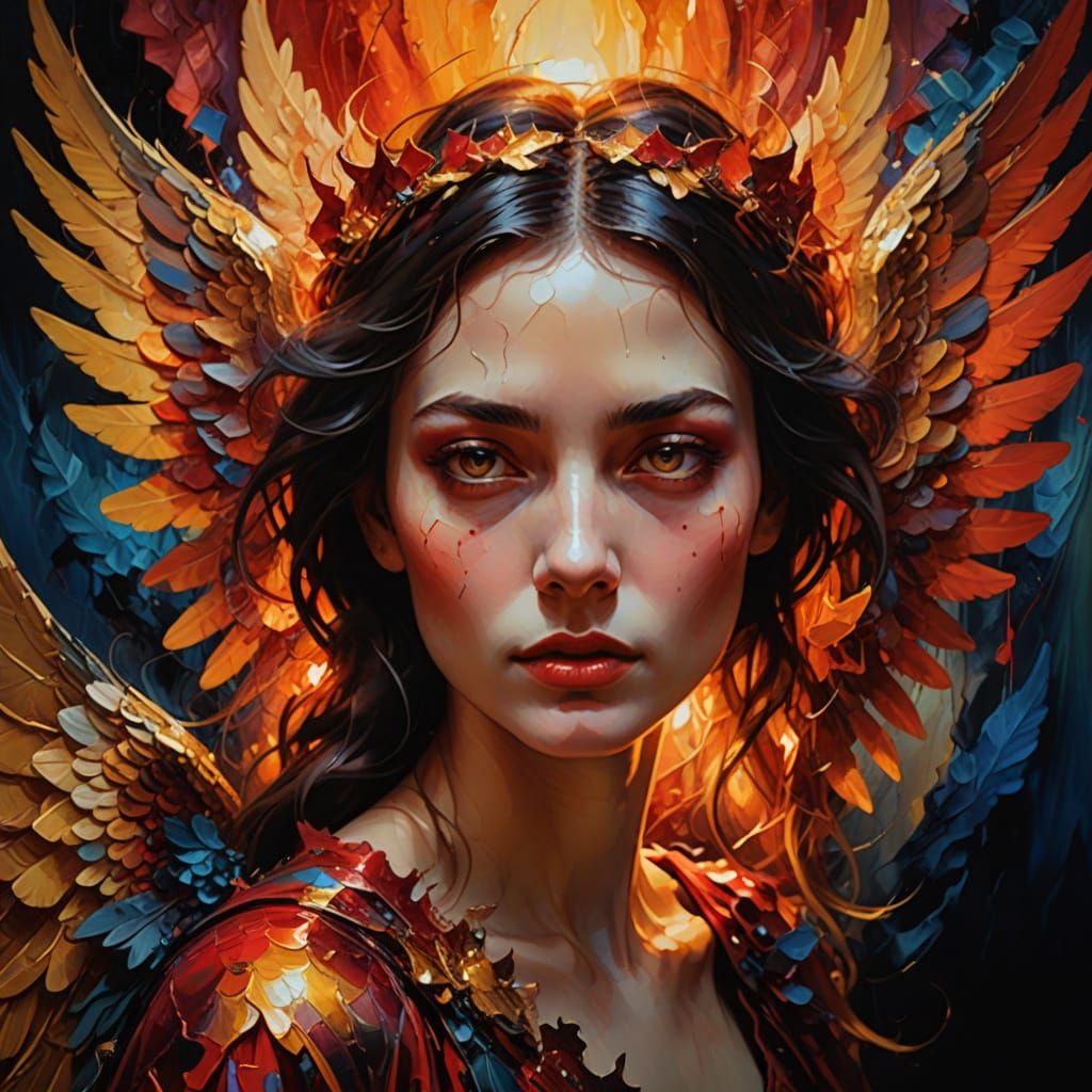 Ethereal Angel-Devil Siren in Warm, Vibrant Oil Painting Sty...