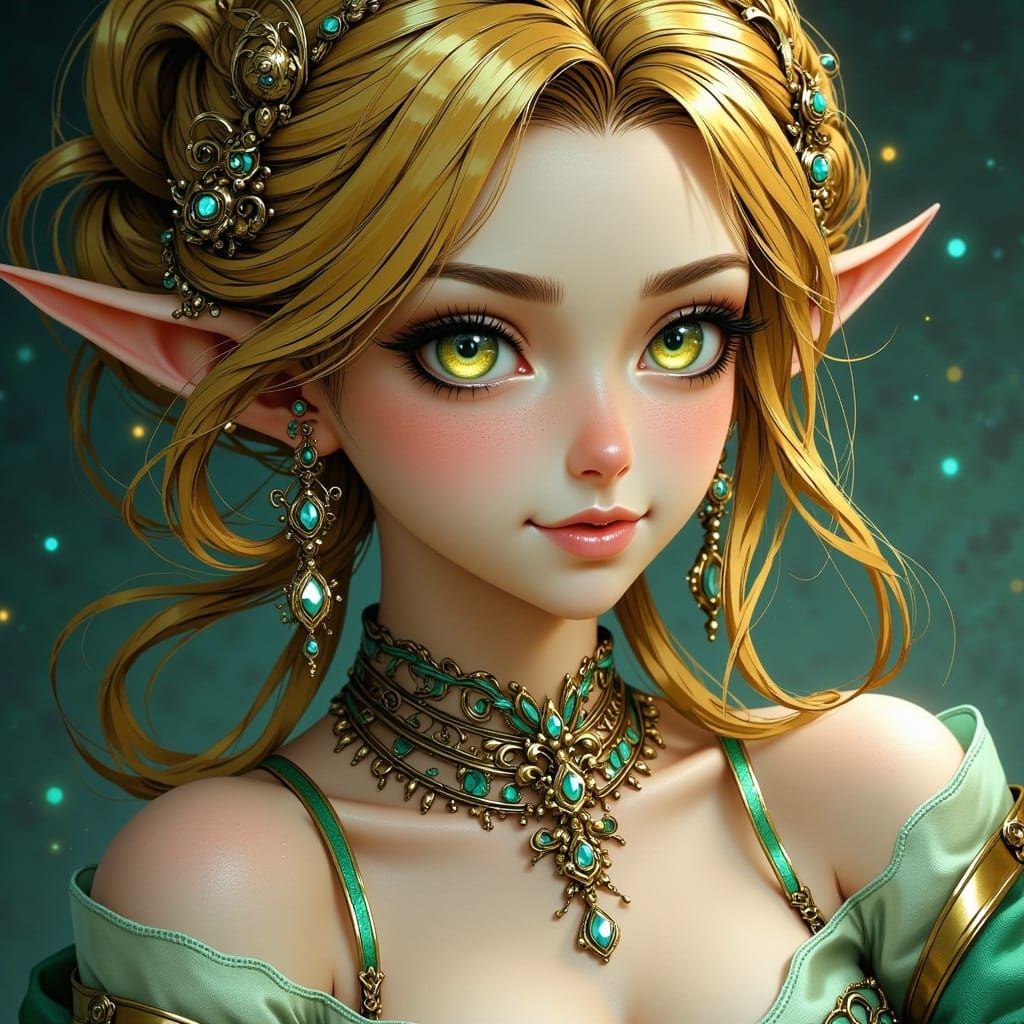 Elegant Elf Woman in Faded Blue and Gold, Art Nouveau Style