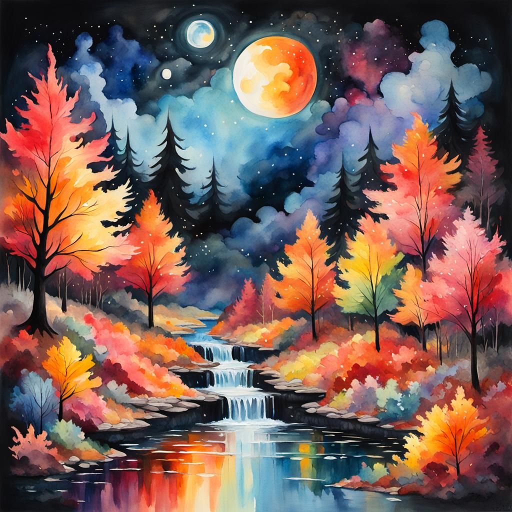 Cosmic Autumn Fantasy in Watercolor Gouache Style