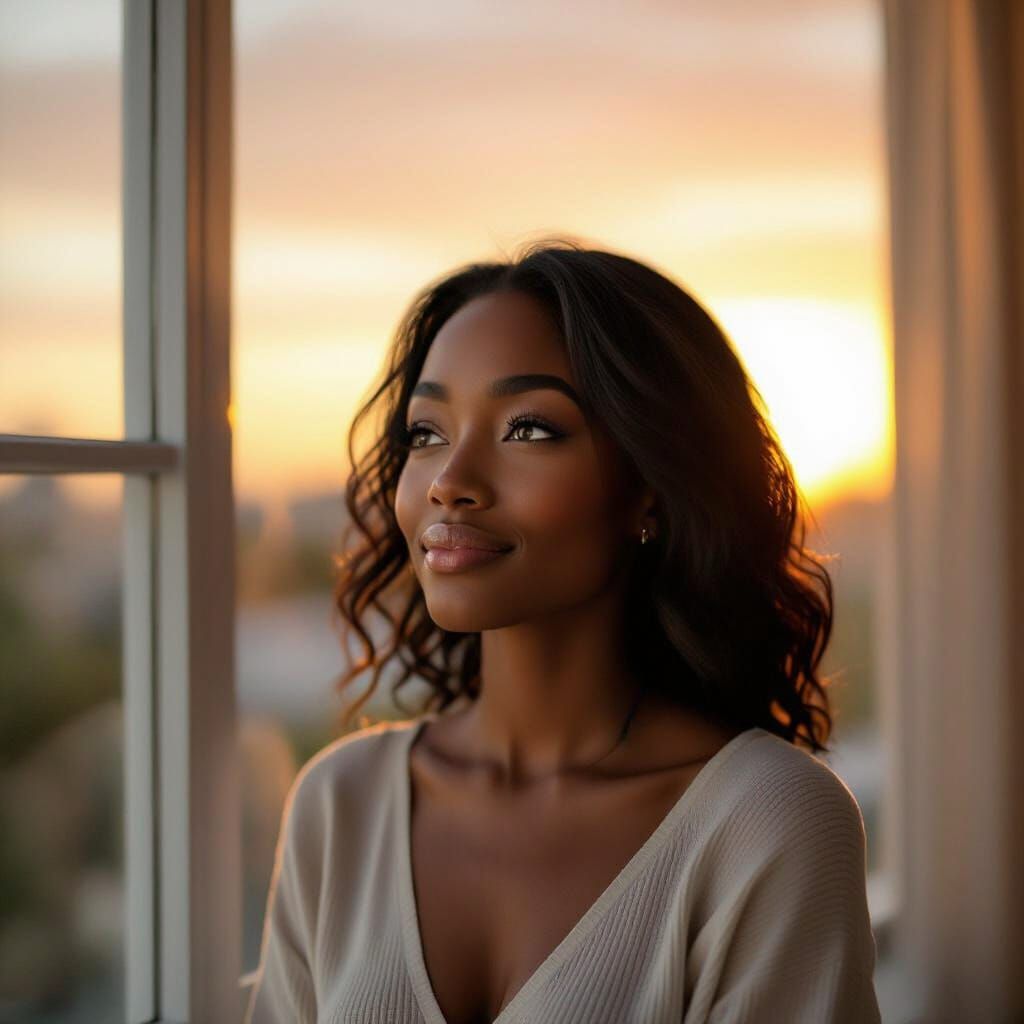 Black Woman Bathed in Golden Sunset Light Near Window