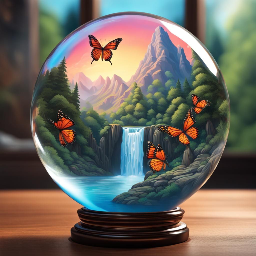 Waterfall Crystal Ball: Hyperrealistic Splash Art