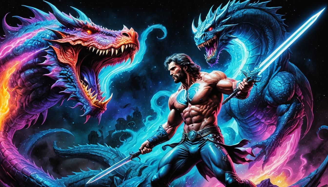 Fantasy Man Fighting Dragon in Sci-Fi World