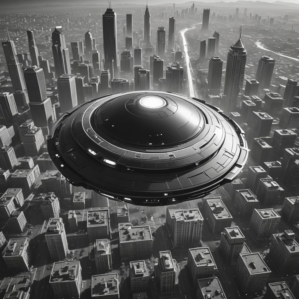 UFO Over City in Stark Black and White
