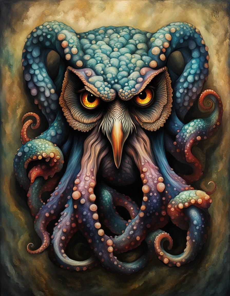 Hyperrealistic Octopus Owl Hybrid in Dramatic Lighting