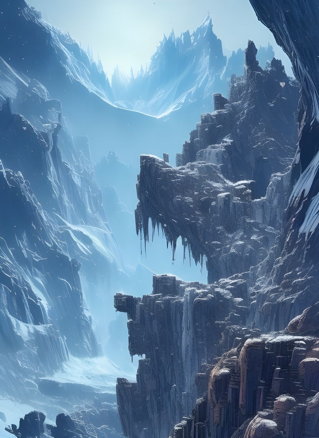 Arctic Mountain Chasm City Ruins: Watercolor Splash Art