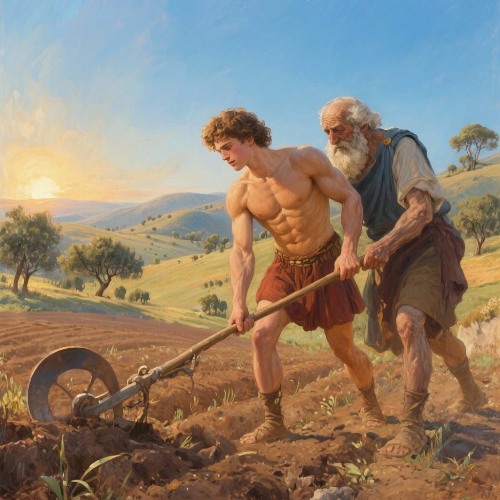 Theseus and Grandfather Pittheus Plow Farmland at Sunrise